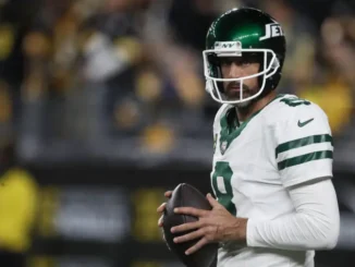 Sep 9, 2024; Santa Clara, California, USA; New York Jets quarterback Aaron Rodgers (8) during the second quarter against the San Francisco 49ers at Levi’s Stadium. Mandatory Credit: Darren Yamashita-Imagn Images