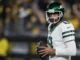 Sep 9, 2024; Santa Clara, California, USA; New York Jets quarterback Aaron Rodgers (8) during the second quarter against the San Francisco 49ers at Levi’s Stadium. Mandatory Credit: Darren Yamashita-Imagn Images